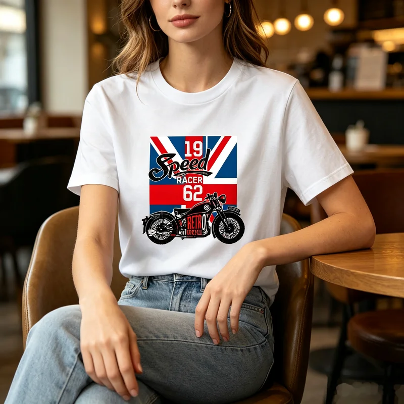 British Flag Vintage Motorcycle Graphic T-Shirt 19 Speed Racer 62 Print Casual Streetwear Cotton Short Sleeve Tee for Men Women