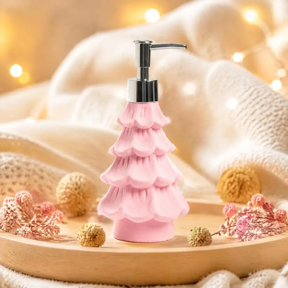 Decorative Bathroom Liquid Pump Christmas Tree Dispenser with Flocking Effect Refillable Lotion Pump Bottle for Bathroom Kitchen