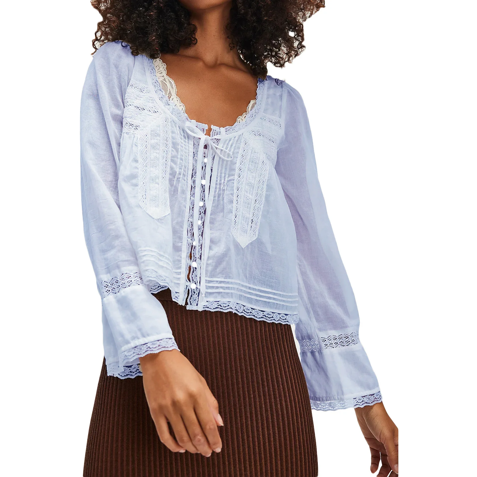 Damen-Bluse im französischen Nischenstil mit U-Ausschnitt, Spitze, kurzer Länge, vorne gebunden, ausgestellte lange Ärmel, Vintage, leicht, lässig – Detail 6