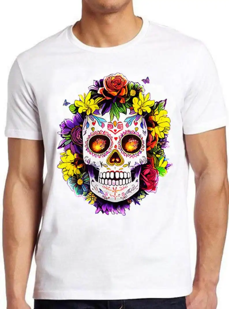 

Floral Sugar Skull Day of the Dead Dia De Retro Art Drawing Gamer Anime Cult Meme Music Movie Funny Cool Gift Tee T Shirt 1163