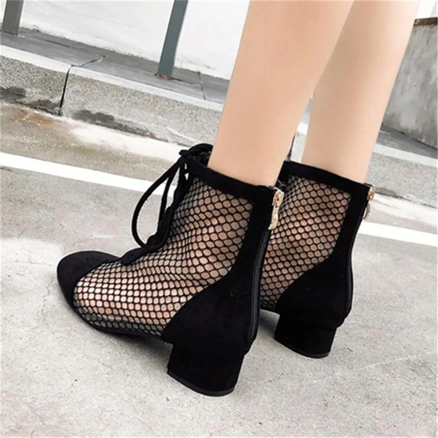 2024 Fashion Mesh Women Summer Boots Hollow Out Gladiator Sandals Chunky Heel Lace-up Ankle Boots Ladies Short Booties Shoes