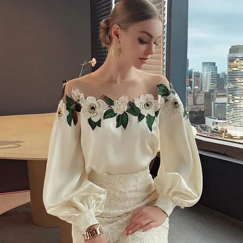 

Модная шифоновая блузка с длинным рукавом, женские топы Blusas Mujer De Moda 2025, женская блузка с цветочной вышивкой, рубашка, блузки Blusa A12