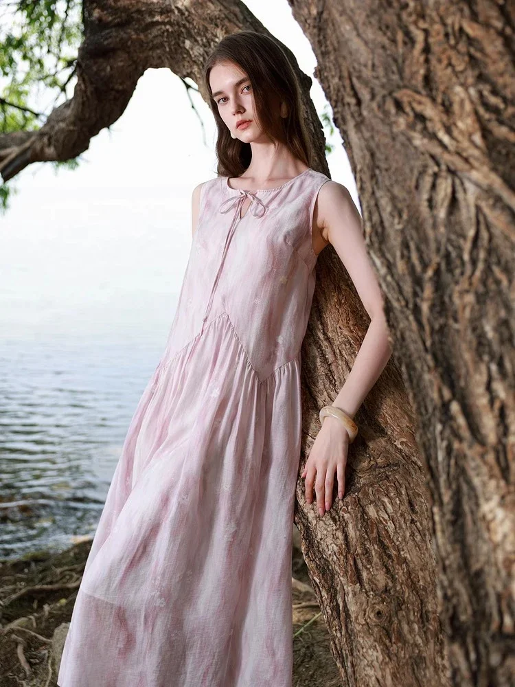 فستان طويل نسائي كاجوال عتيق بدون أكمام فستان صيفي فضفاض بياقة دائرية وأربطة فستان فرنسي قديم