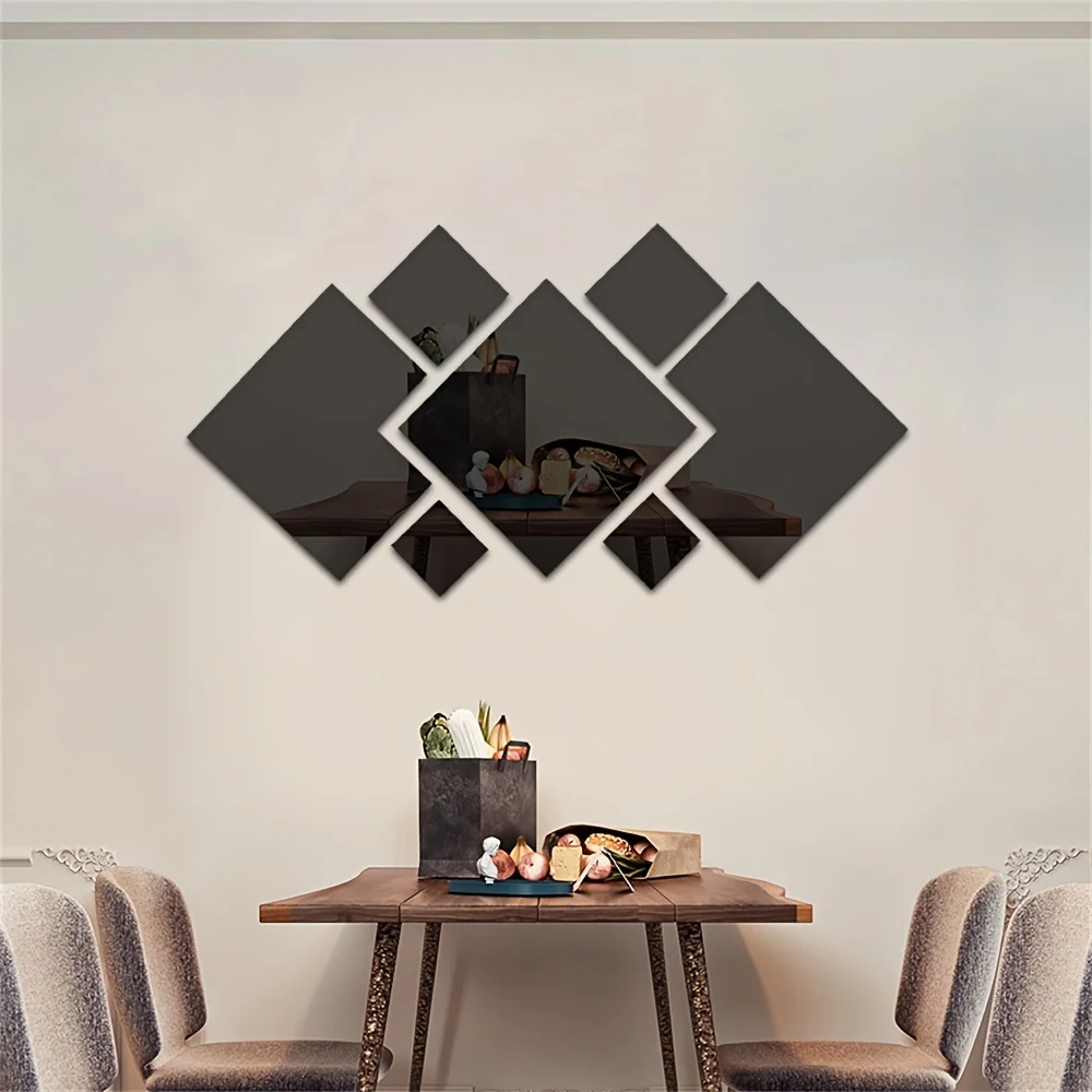 Black 7PCS DIY Acrylic Mirror Wall Stickers Square Rhombus Decals Self-Adhesive Creative Home Decor for Living Room Staircase