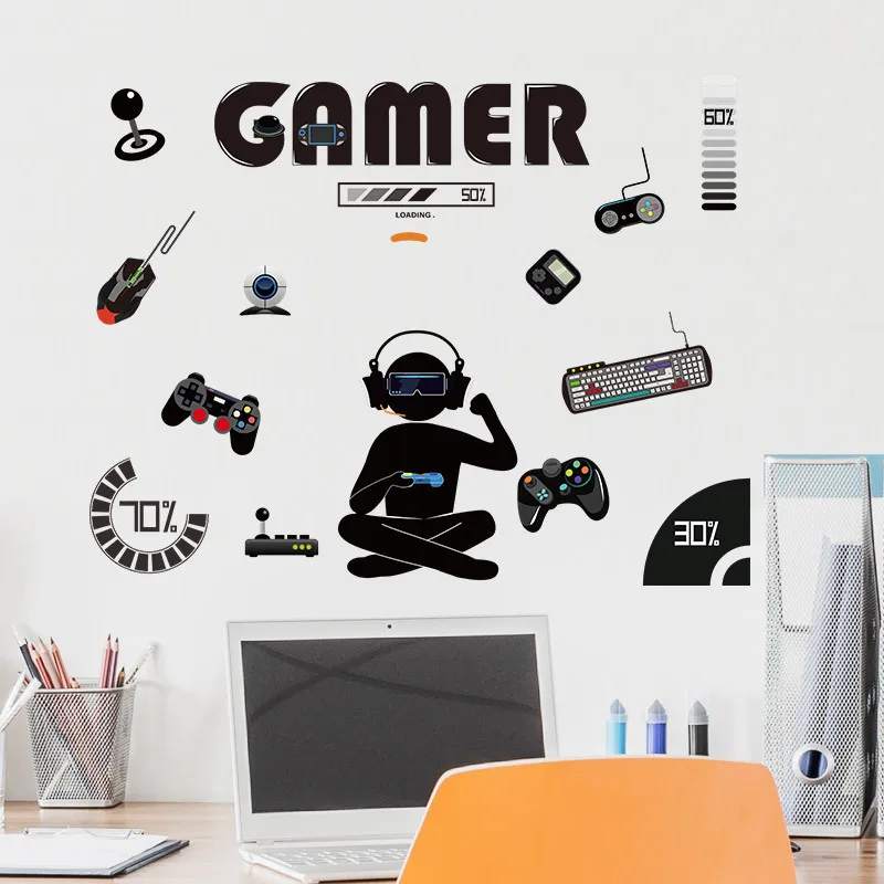 Level up Gamer Zone Cartoon Gaming Theme Wall Decals Puzzle Game Character Cool Boy Vinyl Stickers Home Decoration for Kids Room
