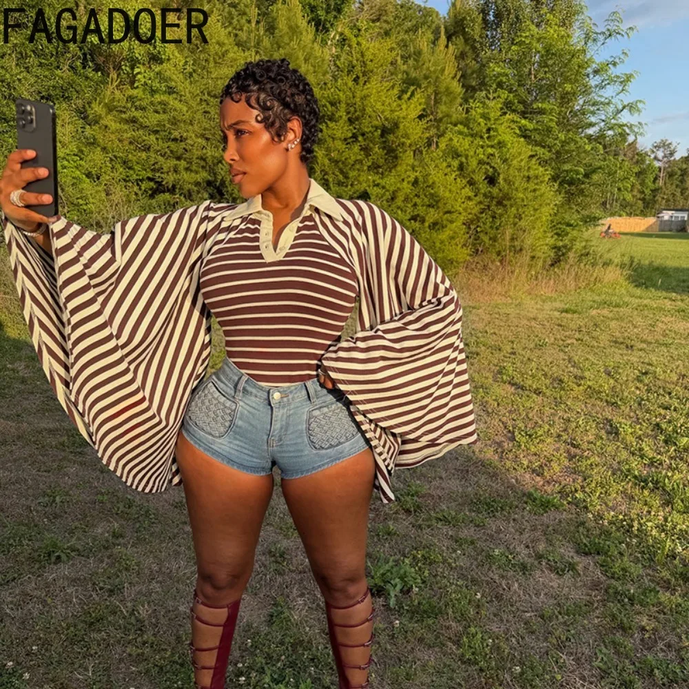 FAGADOER Women's Striped Polo Neck Top Flare Sleeve Slim Fit Long Sleeve Shirt 2026 Fall Casual Y2K Streetwear Going Out Top