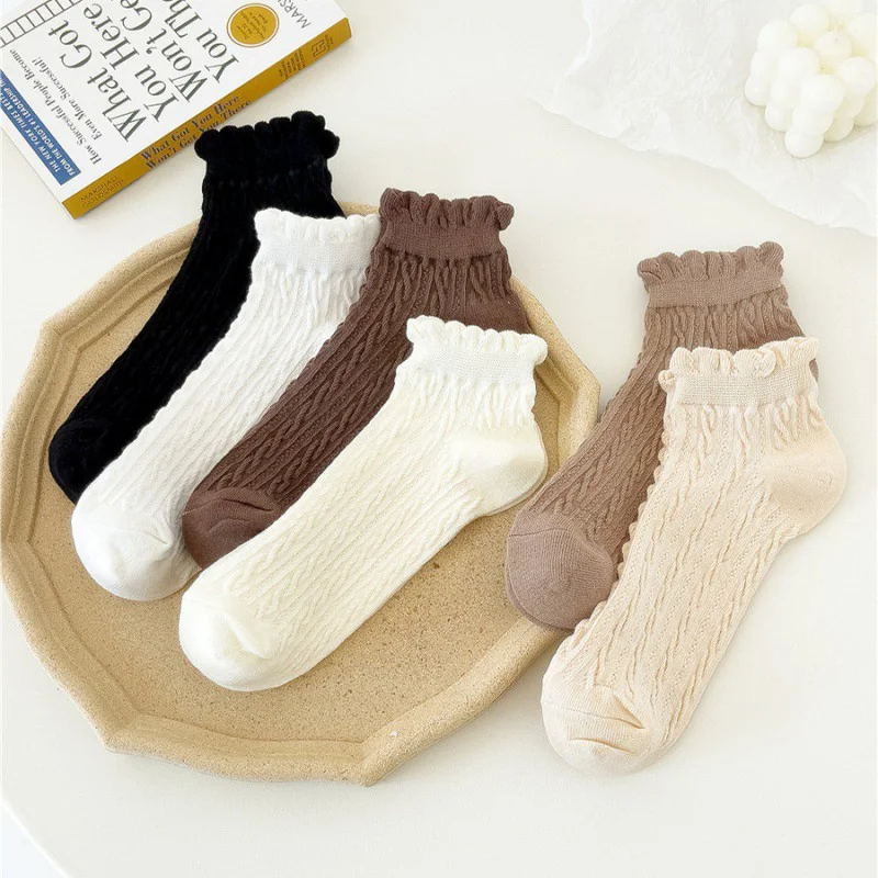 

1/6 Pairs Women's Lace Socks Solid Color Sweet Fried Dough Twists Low Tube Socks Japanese JK College Style Short Socks