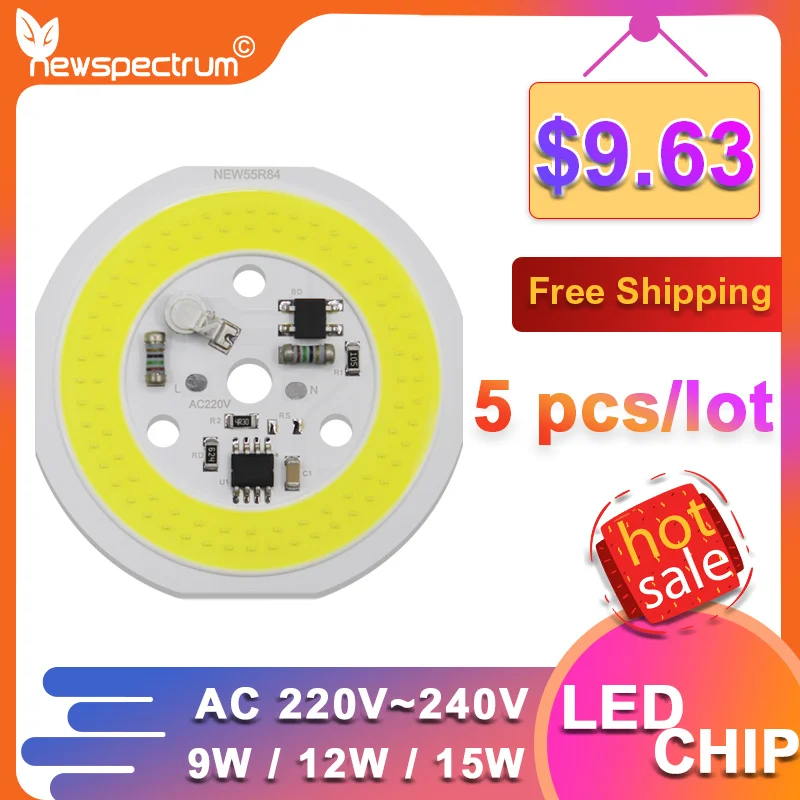 COB LED Lamp Chip 220V 9W 12W 15W Driverless High Brightness Round Light Beads Board 5Pcs for Downlight Spotlight Led Bulb Chips