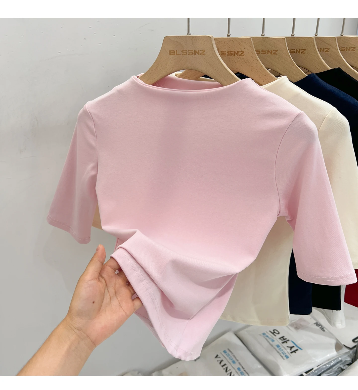 Zjaiss Sommer Damen T-Shirt Aprikose Stehkragen Kurzarm 2026 Frühling Minimalistisches Lässiges Vielseitiges Oberteil Einfarbiges Schlankes T-Shirt – Detail 11