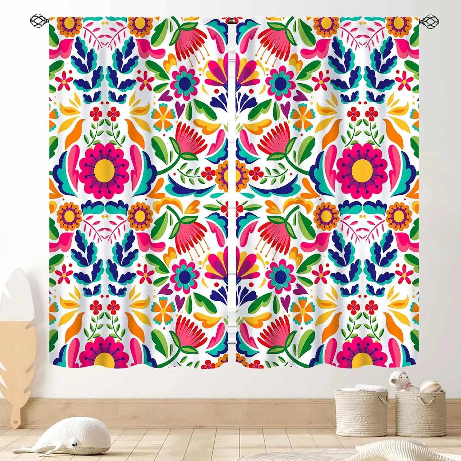 Mexican Floral Curtains, Mexcian Fiesta Cinco De Mayo Dia De Los Muertos Boho Flower Printed Window Drapery Treatments