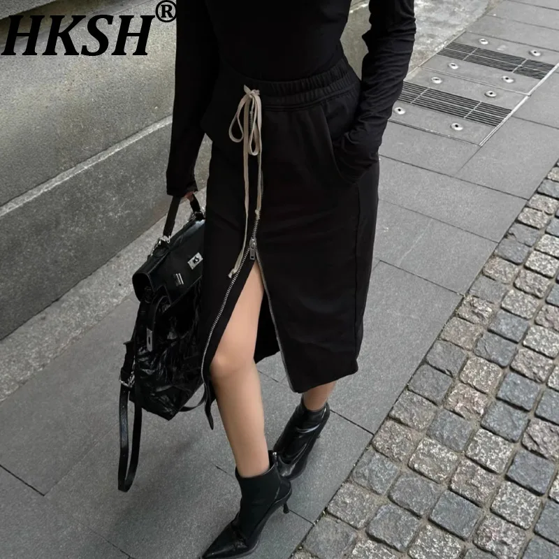 HKSH Women Skirt Dark RO Style Zipper Pockets Drawstring Elastic Waisted Slim Fit Versatile Streetwear Skirts New Summer HK21187