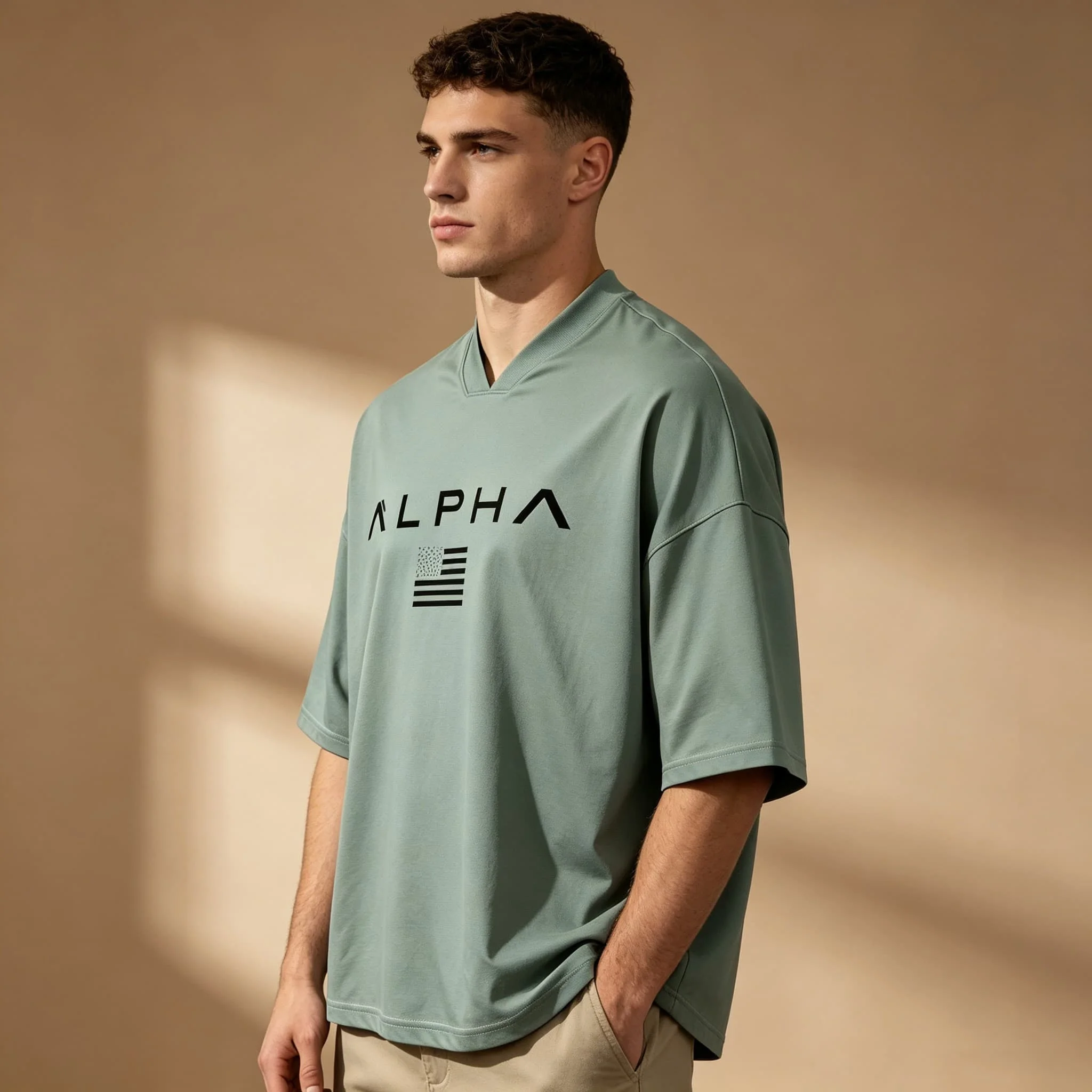 Men Oversized V Neck Elbow Sleeve Tee, Alpha Letter US Flag Print, Minimalist Casual Streetwear Summer Loose Tops