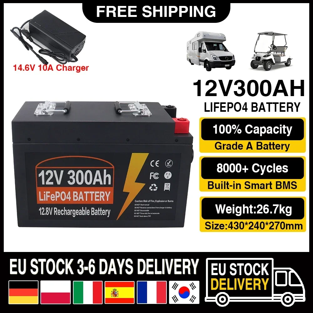 

12V 300Ah LiFePO4 Lithium Iron Phosphate Rechargeable Battery Bulit-in BMS For Outdoor Camping Golf Cart Solar Storage + Charger