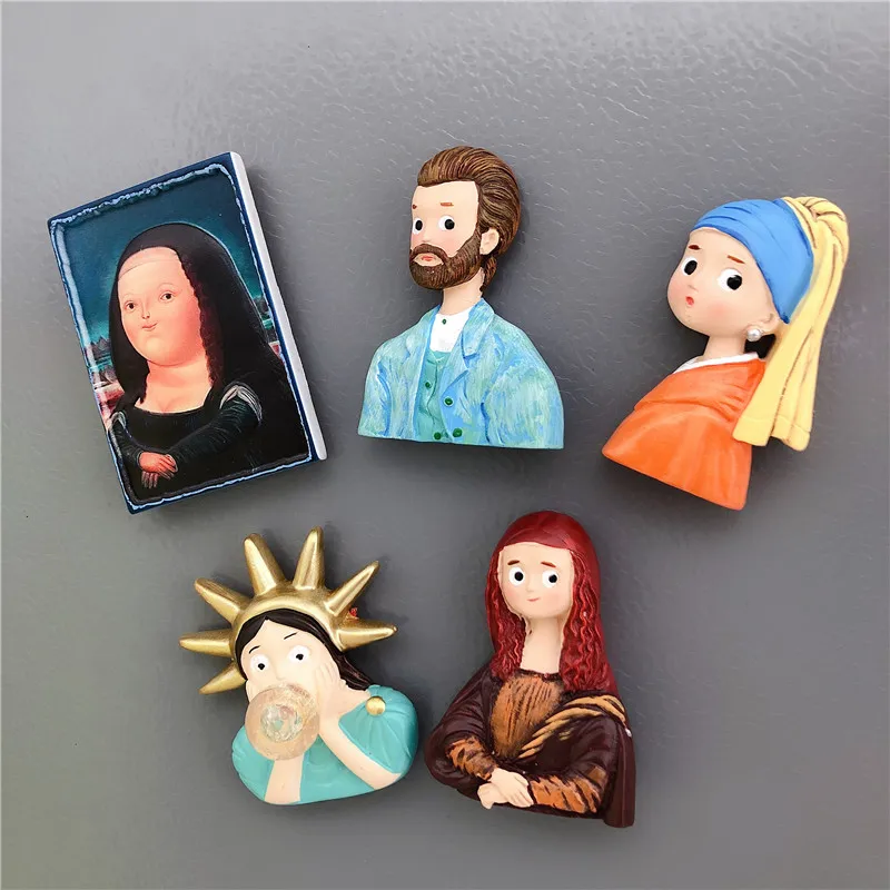 Cartoon 3D Goddess of Liberty Van Gogh, Mona Lisa, Girl Blows Bubble Resin Refrigerator Sticker