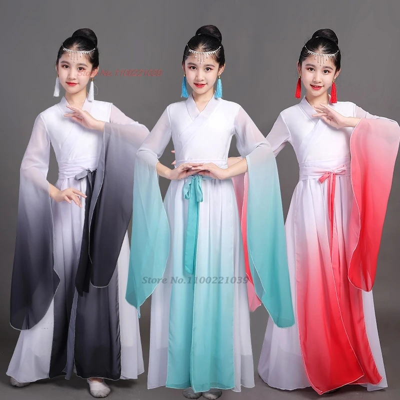 

2024 chinese children vintage dance folk dress traditional gradient color chiffon hanfu dress oriental girl folk fairy dress