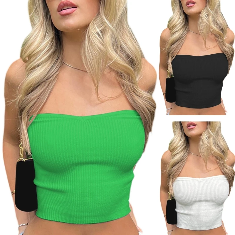 Womens Off Shoulder Bandeau Top Ribbed Knit Strapless Wrapped Chest Bustier Vest