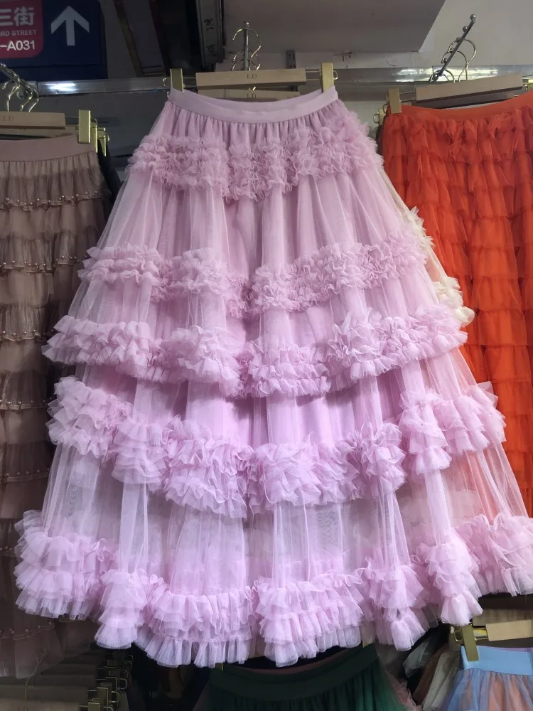 

Elegant Multi-Layered Tulle Skirt with Lace Hemline Slimming Hip Covering Long Women's Half-length Polyester Fiber Cake Style