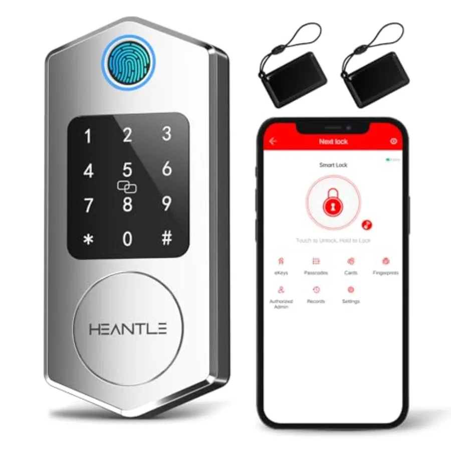 

Keyless Entry Door LockHEANTLE Fingerprint Smart Deadbolts with Touchscreen Keypad for Front Door Electronic Bluetooth Deadbolt