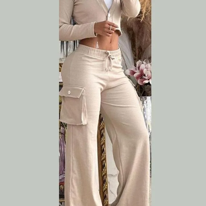 Casual Crop Top Long Sleeve Orange Blouse Solid Color Relaxed Fit Button Detail Green Shirt Beige High Waist Black Drawstring