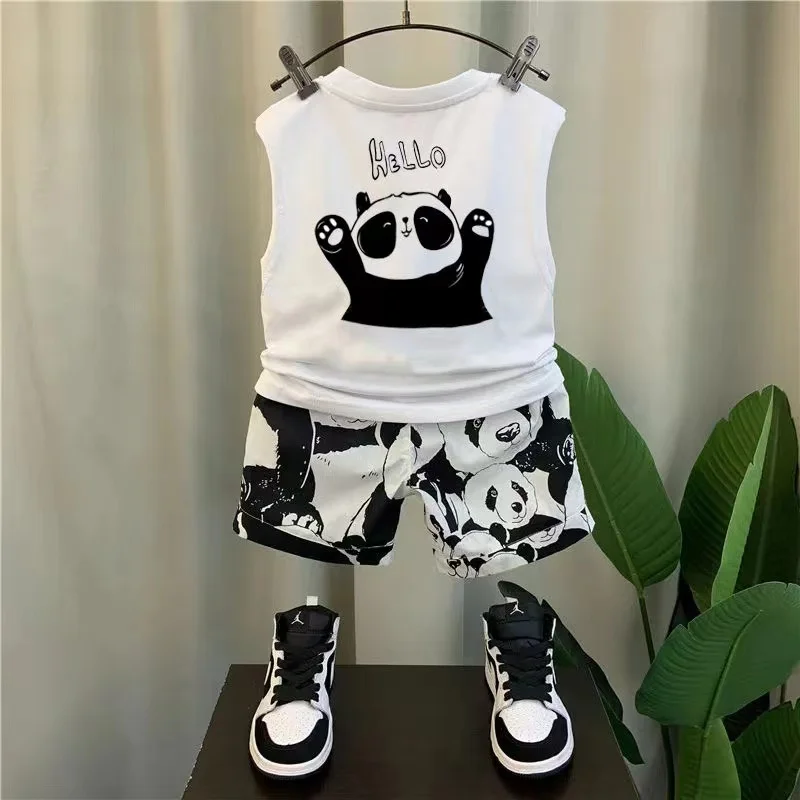 Boys' Summer Set 2024 New Western Style Children's Handsome Pure Cotton Sleeveless Tank Top Short Sleeve Two Piece Set