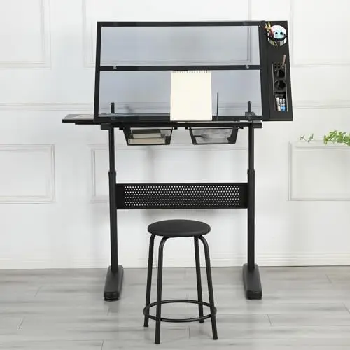 Glass Craft Table Drawing Desk – Drafting Tables Hobby Table Writing Studio Art Artist Desk with Adjustable Tilted view 5