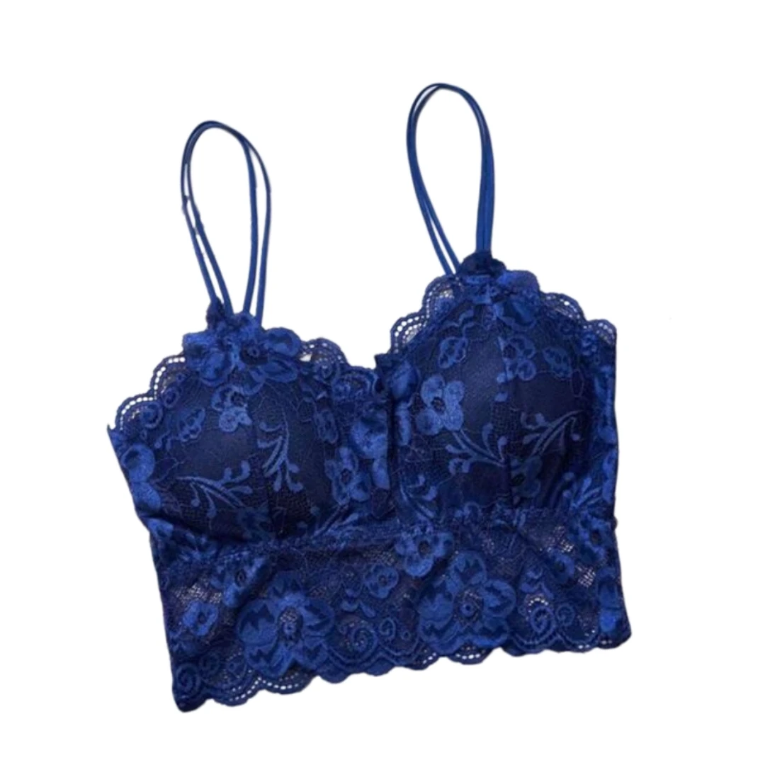 Damen-Bralette aus floraler Spitze – Crop-Top mit doppelten Trägern, gewellter Spitze und gepolsterten Cups, transparentes Spitzen-Camisole für Dessous und den Alltag