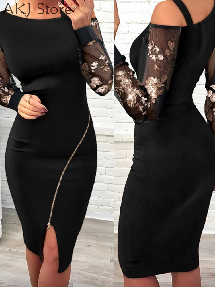 ดอกไม้เลื่อมไหล่เย็นชุดเข้ารูป Zip Up SHEER ตาข่าย Patchwork MIDI Dress