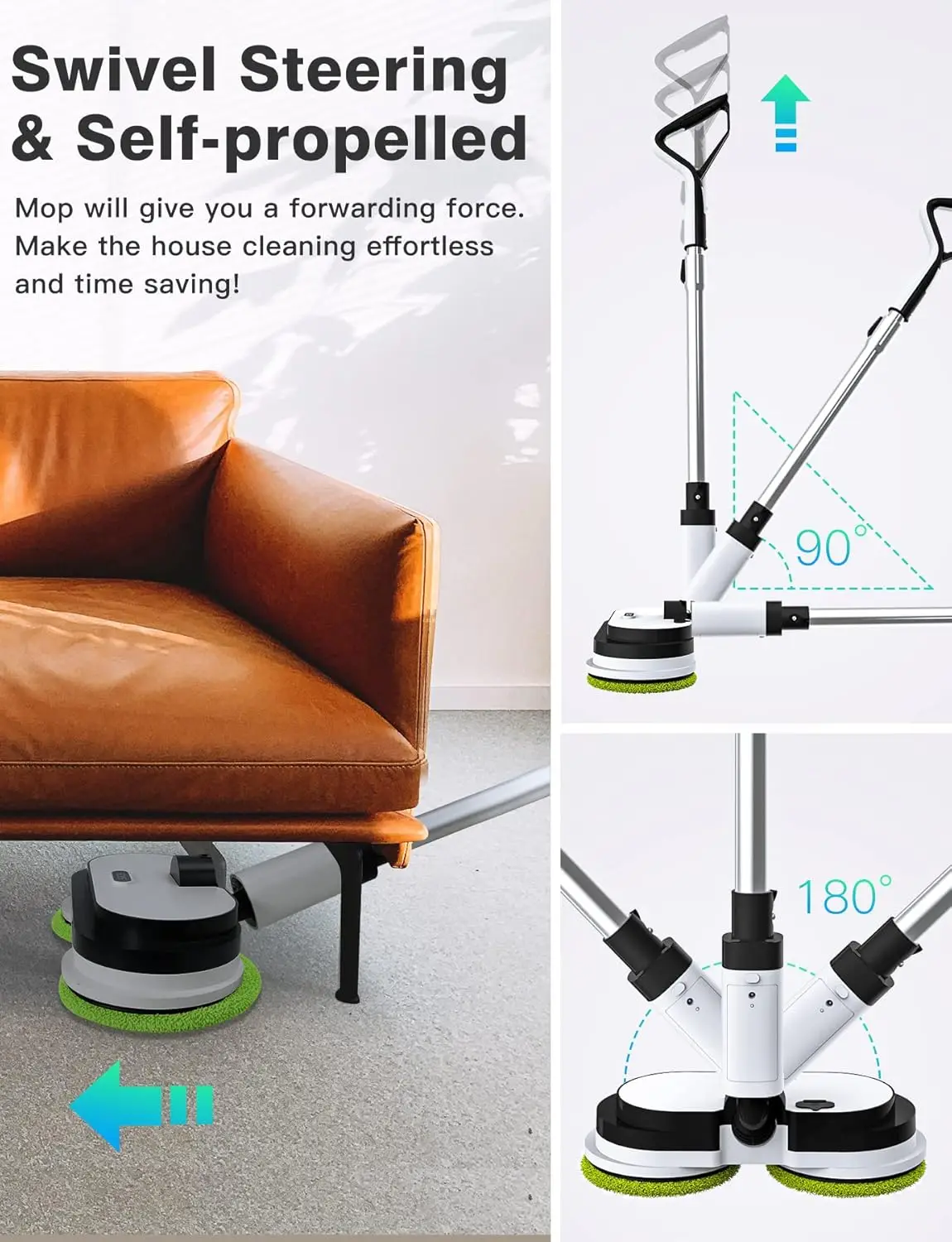 Electric Mop, Floor Cleaner with LED Headlight & Water Sprayer, Up to 60 mins Detachable Battery, Dual-Motor Powerful Spin Mop w