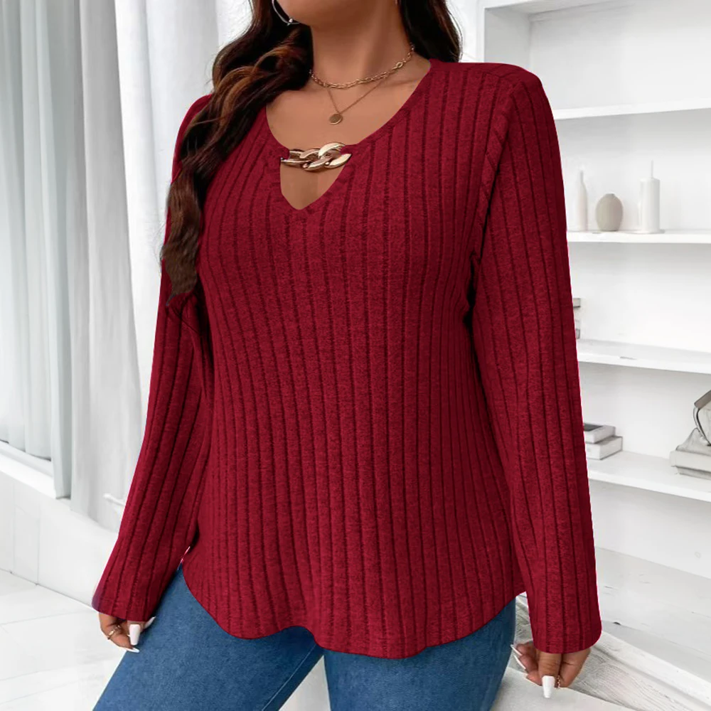 Elegant Blouses Winter Women V-neck Ribbed Knitted Plus Size Long Sleeve T-shirts Sweater Warm Tops Female Clothing Pullover