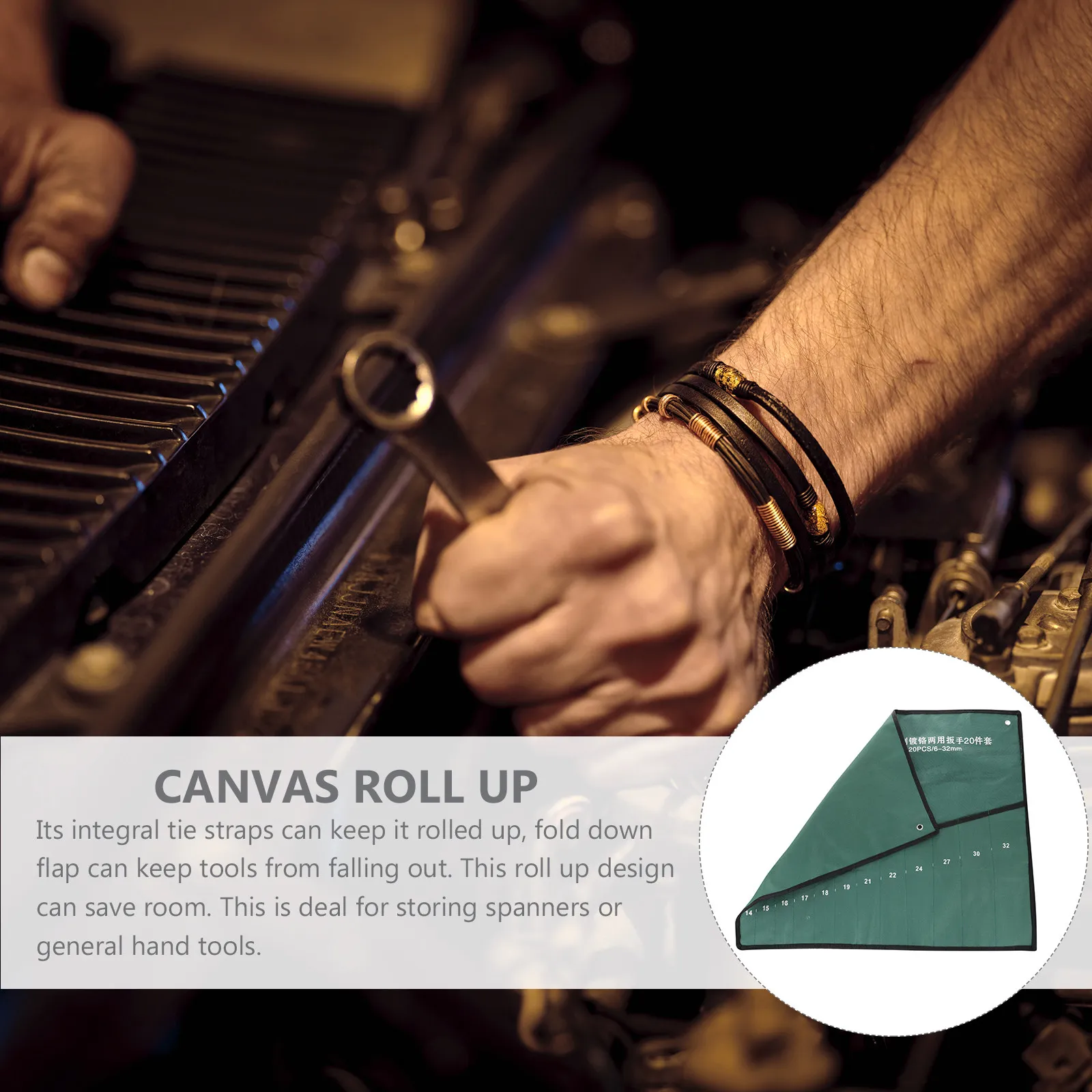 Professional Grade Canvas Tool Pouch Roll Up Design Integral Tie Straps Fold Flap for Wrenches Spanners General Hand Tools