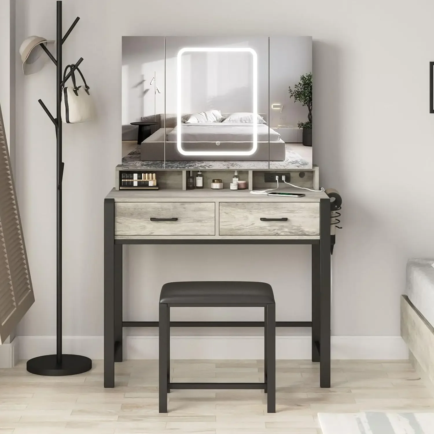 with Lighted Mirror and Power Strip,Tri-Fold Mirror Makeup Vanity Table with Lights, Vanity Set with Hidden Shelves