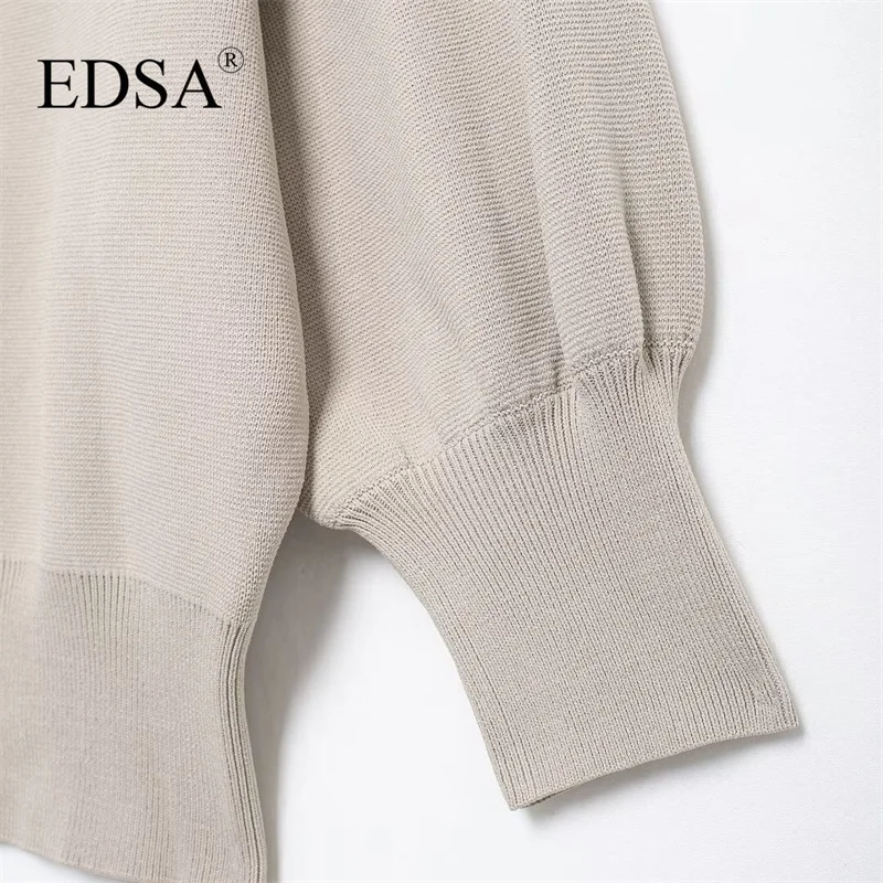 EDSA Women Casual Solid Cardigan V-neck Single Breasted Knitted Folds Loose Fashion Vintage Female Warm Sweaters