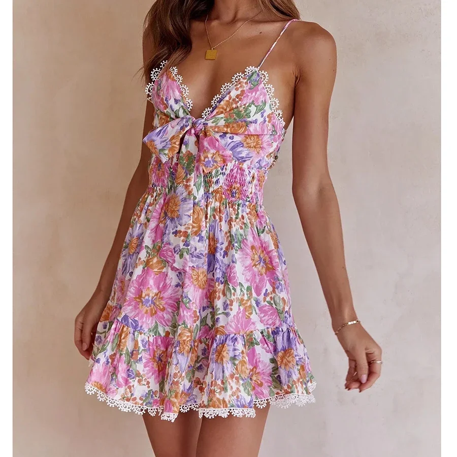 Gypsylady Floral Printed Strappy Mini Dress Bow Tie Pink Ruffles Sexy Summer Sundress Chic Backless Party Dresses Ladies Vestido