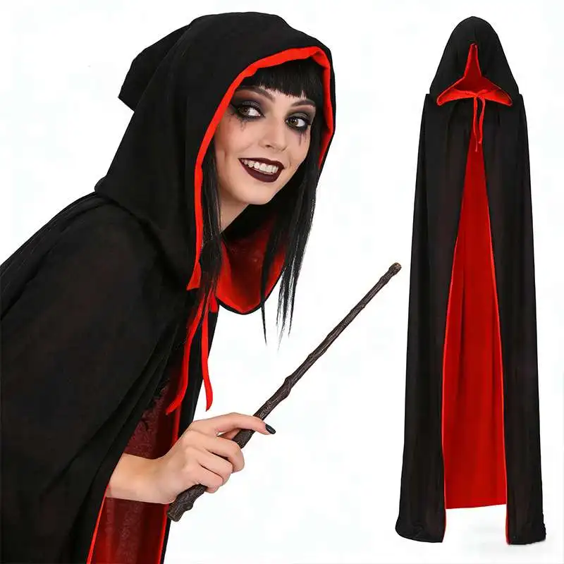 Halloween Party Cosplay Costume Two Layer Two-Tone Hooded Cloak Black Red Reversible Stand-Up Collar Vampire Robe Cloak Cape