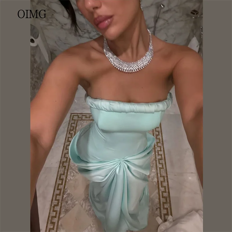 

OIMG Elegant Mint Green Mermaid Prom Gowns Strapless Pleated Party Gown Floor Length Evening Dress vestidos de gala Customized