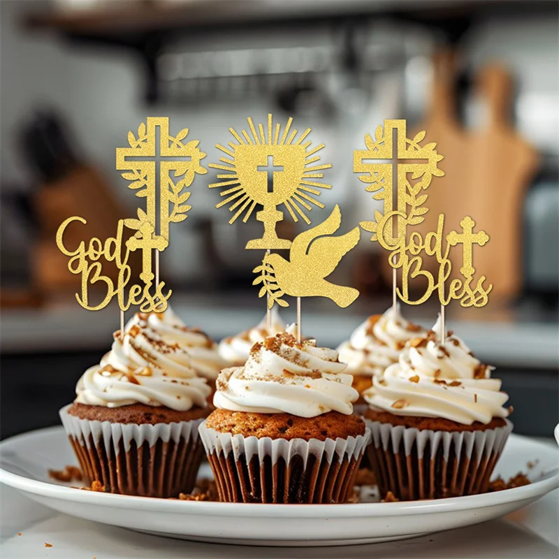 YOMDID 24 Stück Cupcake-Topper mit Kreuzmotiv, glitzernde Cupcake-Picks mit Klebepunkten für Taufe, Feier, Geburtstagskuchen, Dekoration – Detail 1