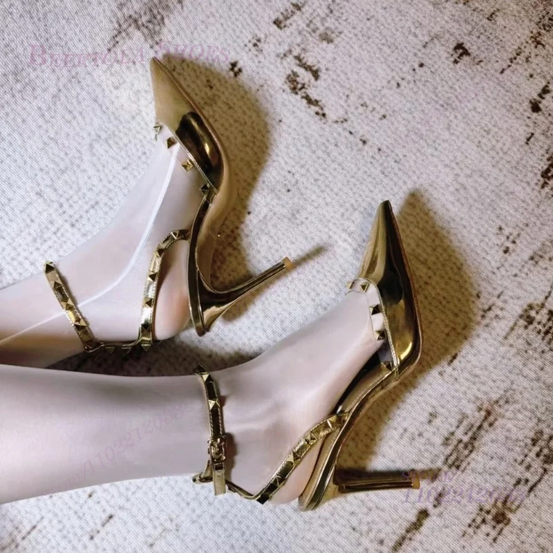 

Sparkling Gold Studded Beaded Sandals Stiletto Heels Mirrored Patent Leather Girls Pointed Shallow Tassel Buckle Pump Dress Shoe