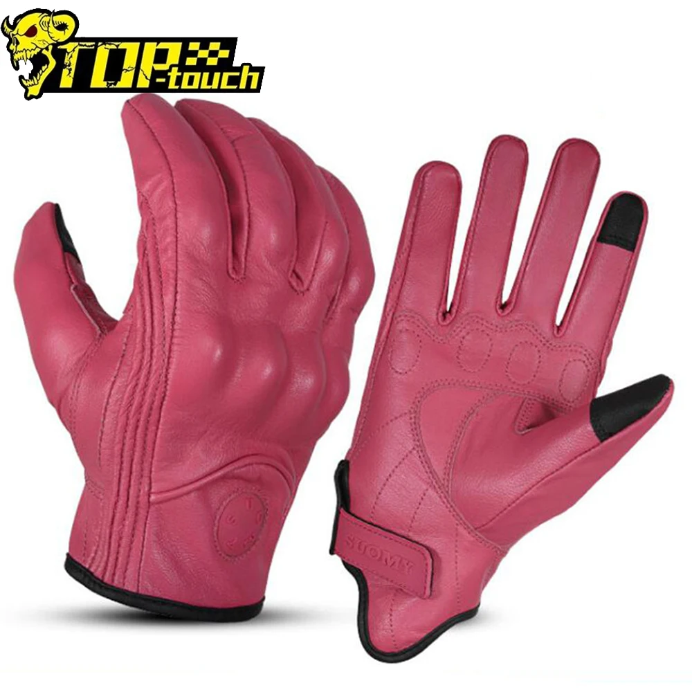 Women Motorcycle Leather Gloves Pink Touch Screen Riding Racing Moto Women Motorbike Anti-Fall Off-Road Driving Guantes Moto