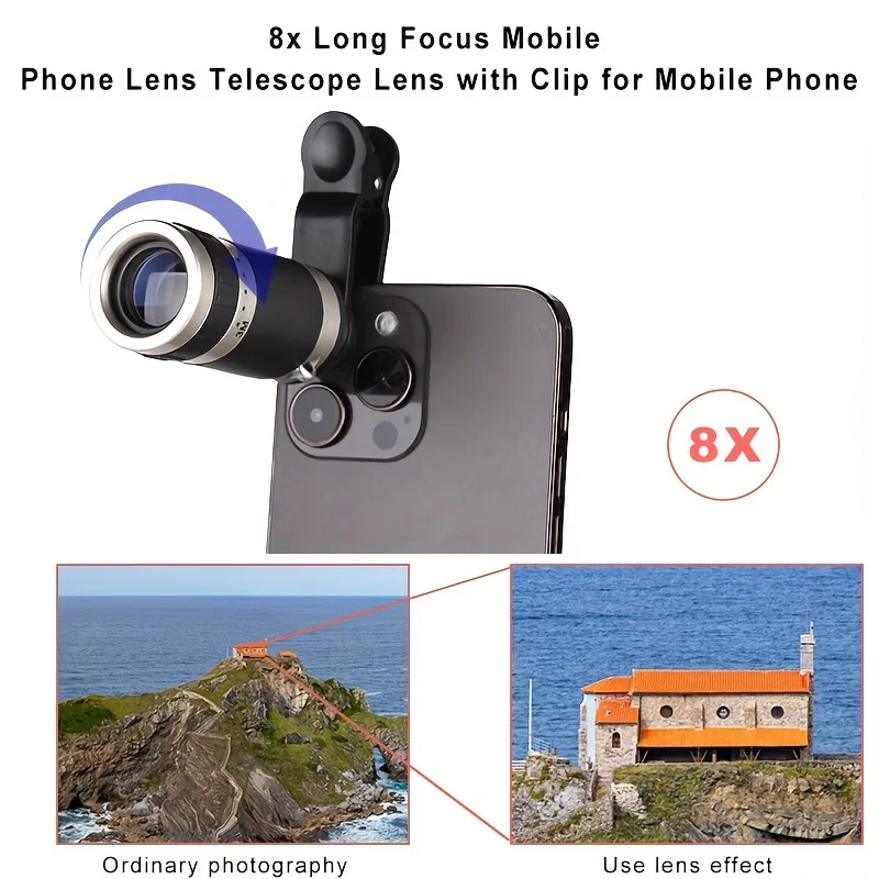 8x Telephoto Phone Lens Monocular Telescope Small Portable HD Lens with Phone Clip for Outdoor Activity Camping Hiking