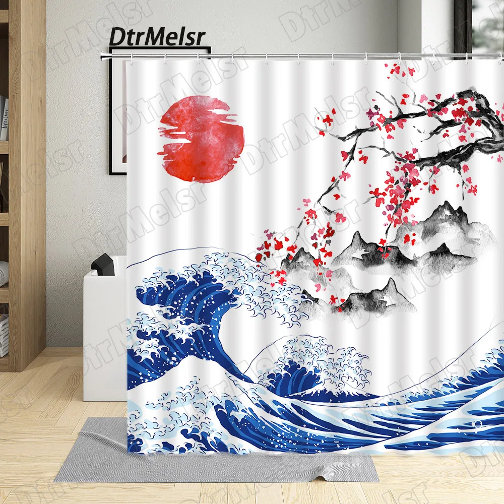 

Ink Landscape Shower Curtains Sun Red Cherry Blossoms Mountain Sea Waves Scenery Creative Bathroom Decor Fabric Bath Curtain Set