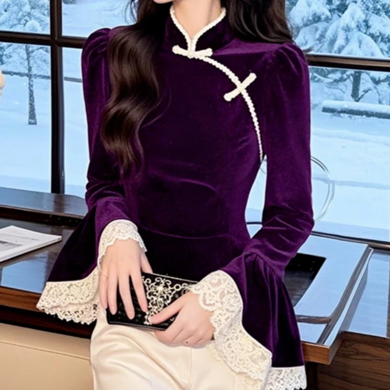 

2024, весенне-осенняя женская кружевная фиолетовая бархатная рубашка в китайском стиле, женские винтажные велюровые топы с расклешенными рукавами, рубашки TT422