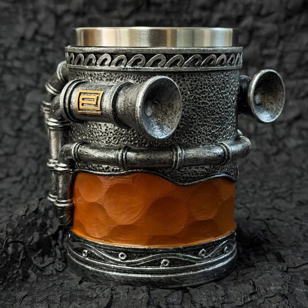 Three-dimensional exhaust pipe shaped mug crafted from durable PCT resin with optional lid inclusion available in single-color p