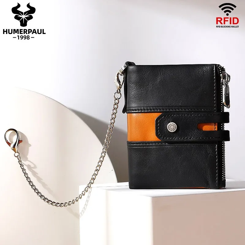 Vintage RFID Blocking Genuine Leather Wallet for Men Double Zipper Chain Coin Purse Multi-Slot ID Card Case Billetera De Hombre