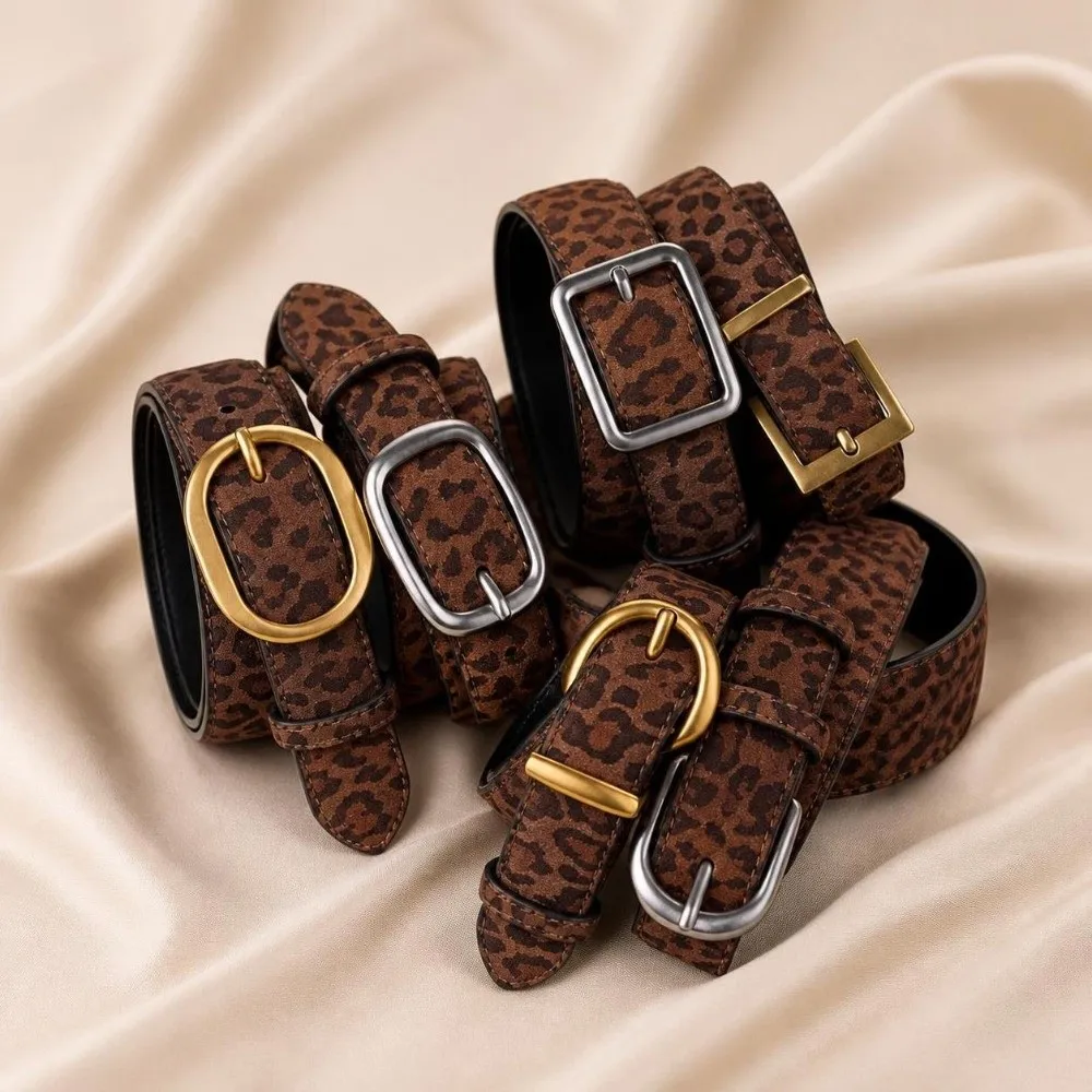 Y2K Style Leopard Print Waist Belt Gold/Silver Buckle Adjustable Suede Leather Belt Needle Buckle Women's Belt Jeans Dresses