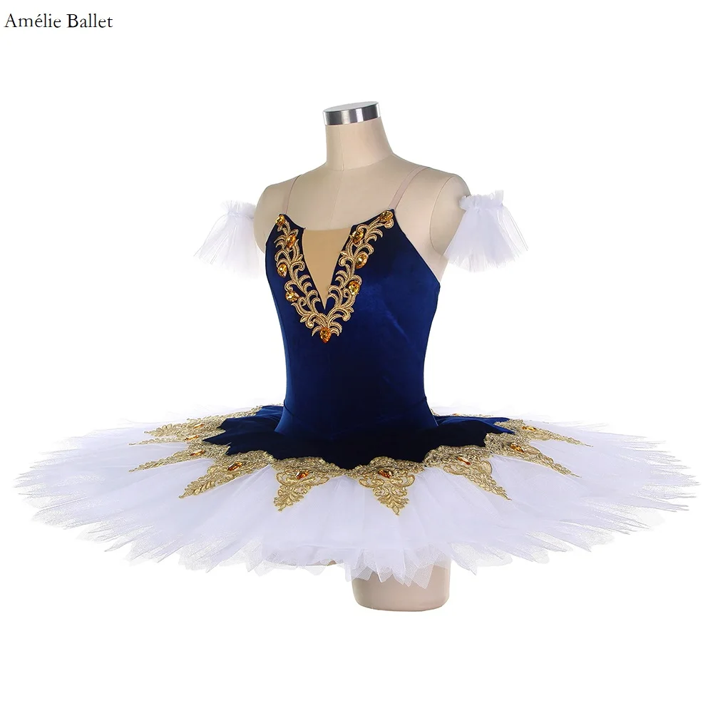 BLL456 Marineblauw fluwelen pre-professionele ballettutu met witte tuturok Meisjes en dames podiumprestaties danskleding