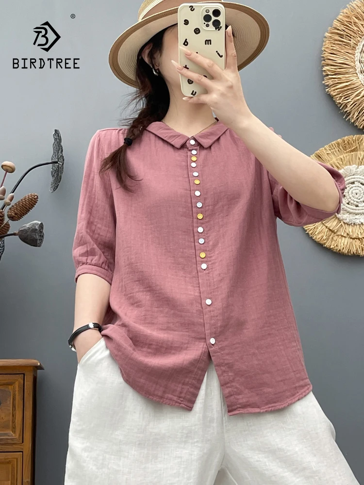 

New 2025 Summer Cotton Yarn Half Sleeve Shirt, Women Lapel Colorful Buttons, Mori Girl Retro Casual Soft Loose Blouse T55719CC