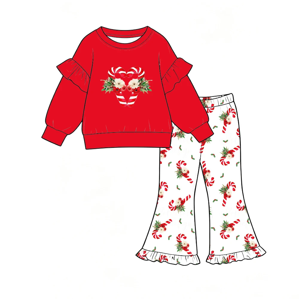 Christmas Girl Outfit Long Sleeve Flared Pants Set Star Candy Print Winter Clothing For Kids Boutique Children's Set 4