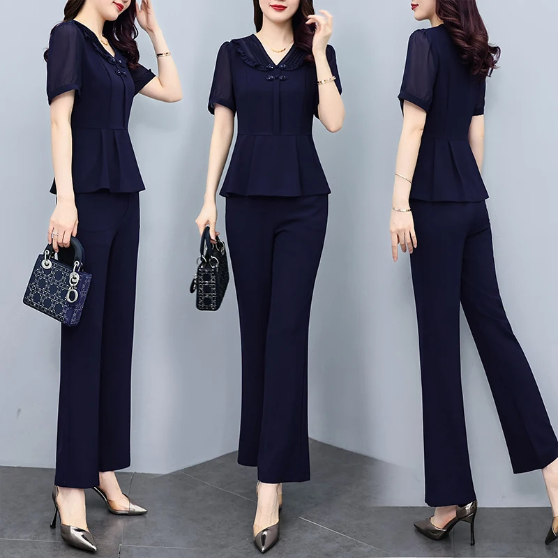 Fashion Oversize Solid Women Pants Sets 2 Pieces Oufits  Office Lady Brief V-Neck Button Fungus Top Female Pantsuit Good Quality