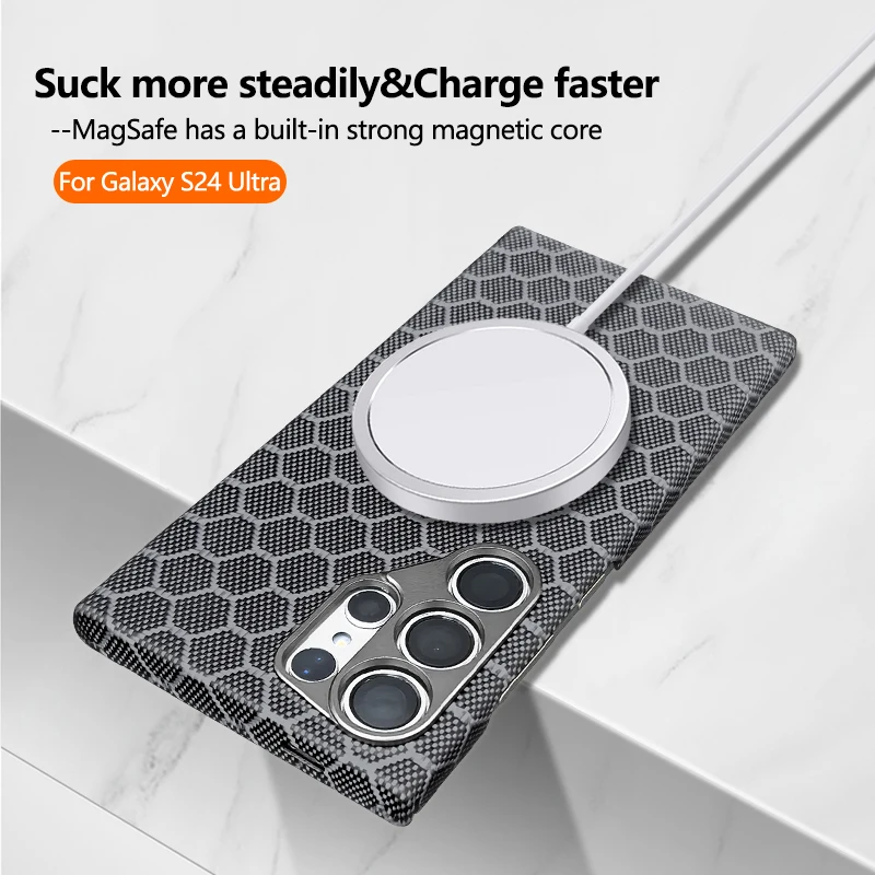 Magnetic Carbon Fiber Phone Case For Samsung Galaxy S24Ultra Magsafe Charging Metal Camera Protection Shockproof Cover For S24U