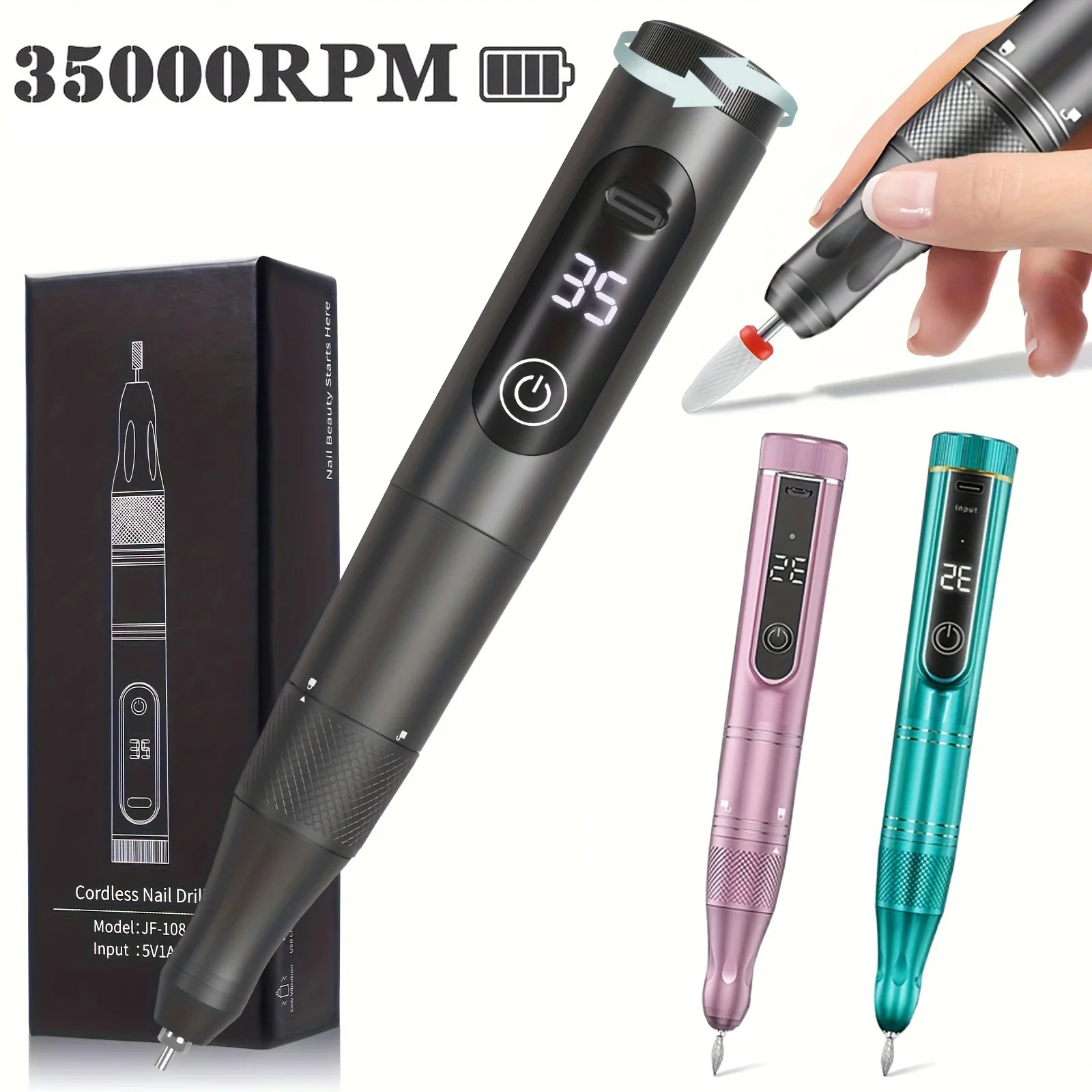 

35000RPM Electric Nail Drill Machine Cordless Nail Sander for Nail Polish Rechargeable Portable Nail File for Acrylic Gel